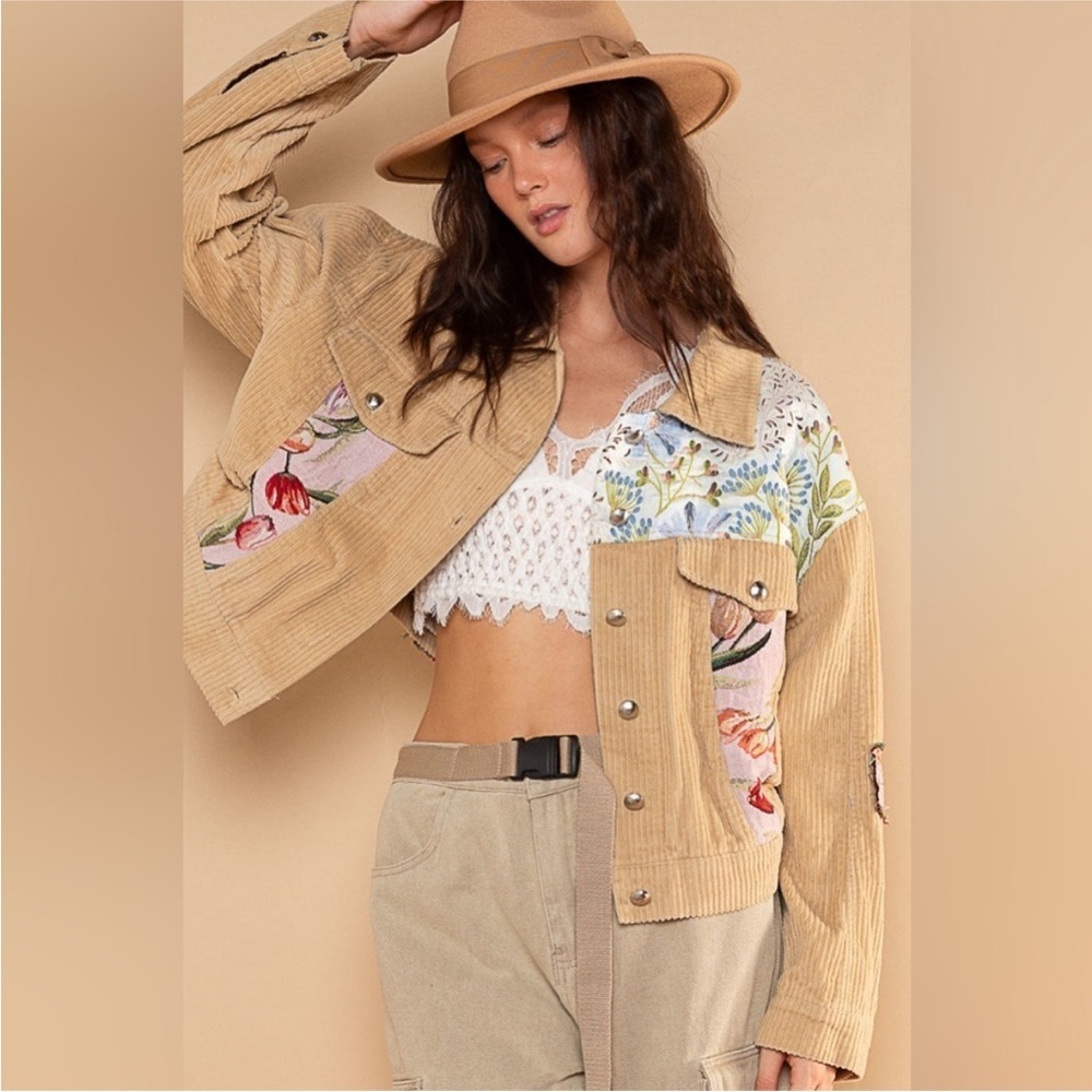 POL Tan Corduroy Oversized Jacket with Floral Accents
